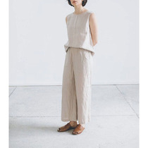 On the other side France Hemp Pure Color Basic Paragraph 100 Hitch Loose Women 90% Pants Linen Casual Tightness Waist Wide Leggings Pants