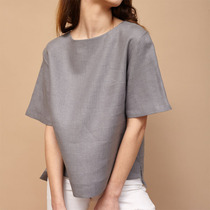 Echo France Hemp Practical Extremely Minimalist style Round Collar Half Sleeve Blouse Pure Color Linen Comfort Cover t-shirt T-shirt