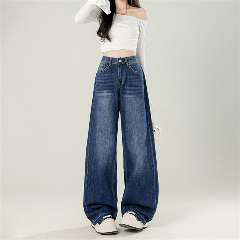 American Retro Style High-Waisted Wide-Leg Jeans for Women, Loose Fit, Slimming, Floor-Length, Versatile, Blue Straight-Leg Pants for Commuting American Retro Style High-Waisted Wide-Leg Jeans for Women, Loose Fit, Slimming, Floor-Length, Versatile, Blue Straight-Leg Pants for Commuting