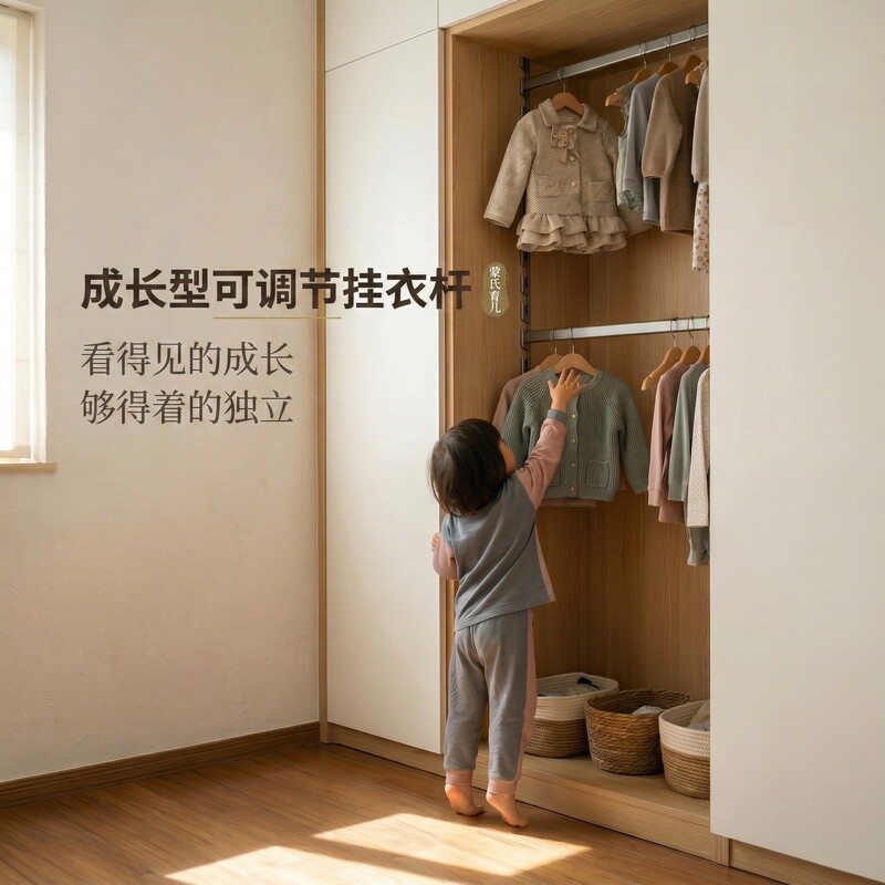 Adjustable Children's Wardrobe Rod for Hanging Clothes, Movable and Height-Adjustable, with Internal Modification and Additional Installation