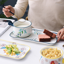 Hand-painted Japanese breakfast tableware one person set simple ceramic bowl plate handle bowl Nordic dessert bowl West