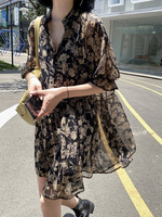 French light mature style chiffon floral v-neck dress women's summer thin loose lazy style slimming western style skirt