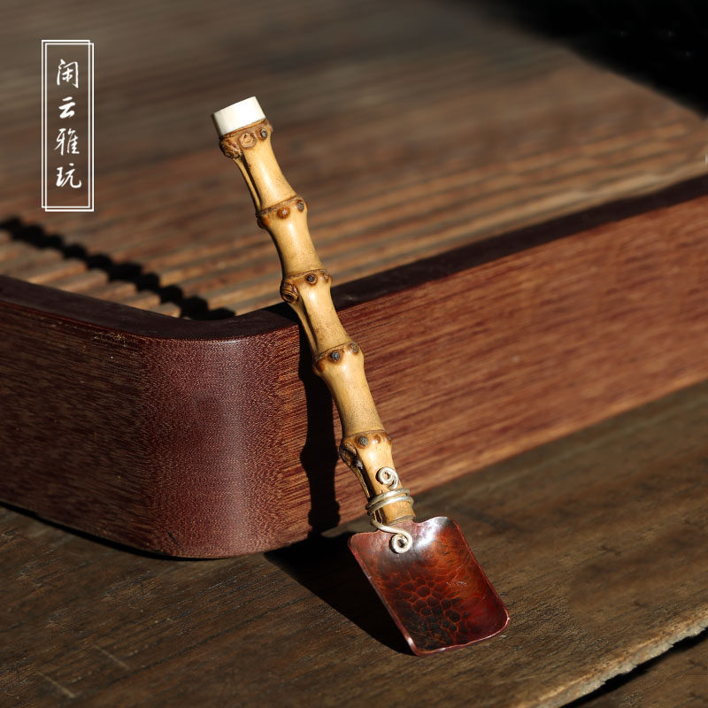 Pure Handmade Red Copper Hammer Mesh Old Bamboo Root Deer Antlers Tea Scoop Tea Spoon Scoop Tea Tea Accessories Utilita Tea Ceremony