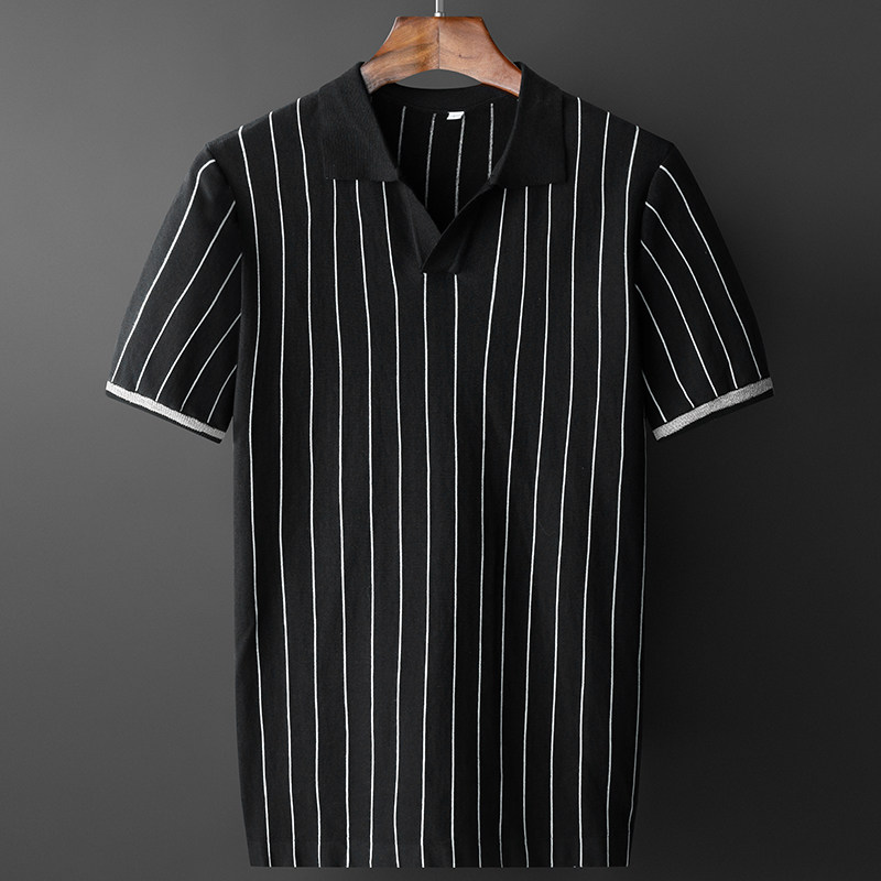 Lapel striped short-sleeved men's Polo sweater half-sleeve ice silk thin section loose fashion business casual summer Korean version