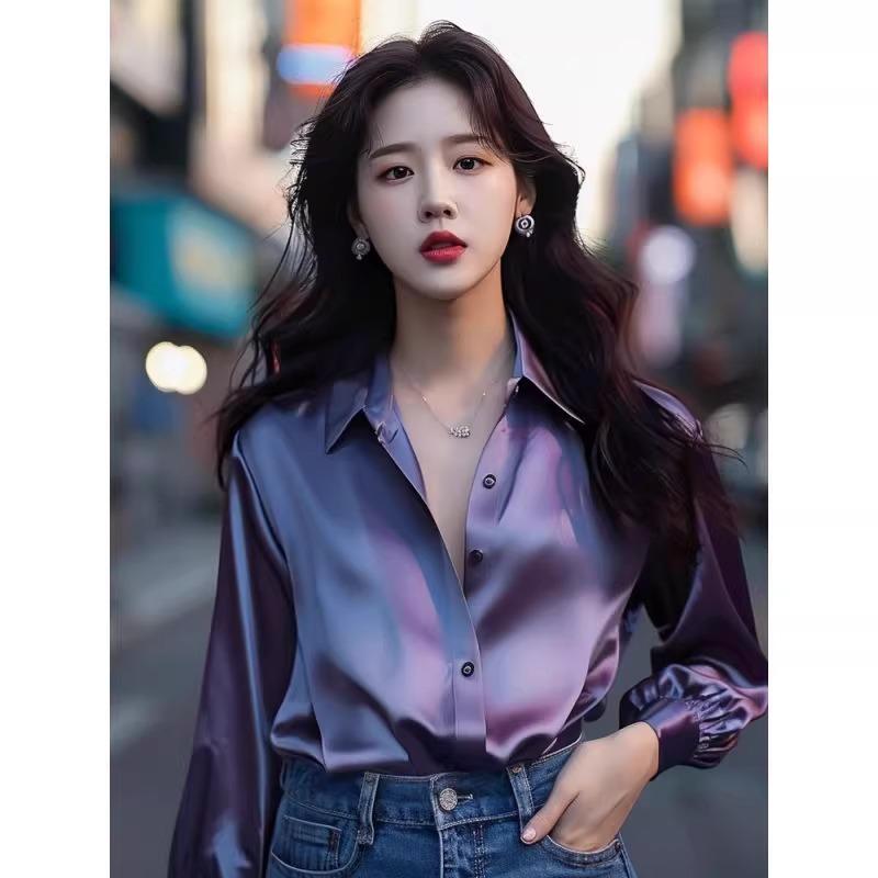Purple Satin Shirt for Women, Spring French Light Luxury High-End Niche Design Shirt, Unique and Beautiful Top
