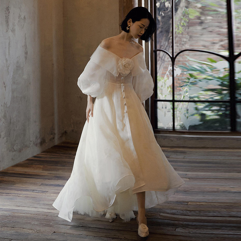 A petite bride's dream come true! off-the-shoulder lightweight wedding  gown with vintage-inspired