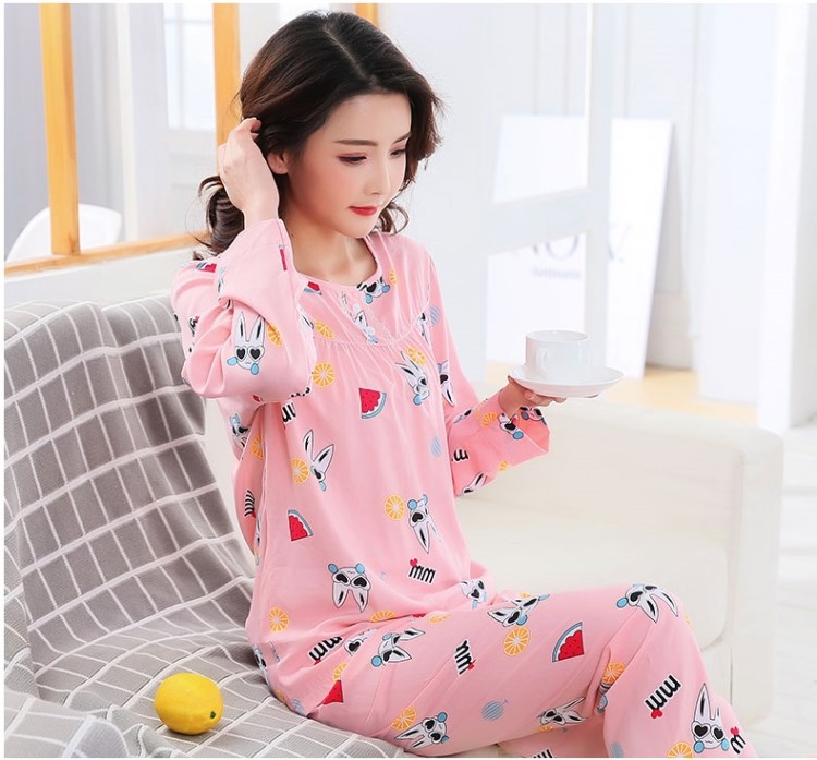 Mới ngọt ngào bên ngoài mặc đồ ngủ cotton bố mẹ cotton trẻ em mùa xuân và mùa thu phù hợp với cotton người lớn phương đông dày mùa hè bộ đồ ngủ ngắn tay