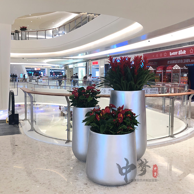 Mall Open Glass Fiber Silver Color Combined Round Flower Pot Huizhou Jinshan Lake Flower Outdoor Commercial Street Custom Vase