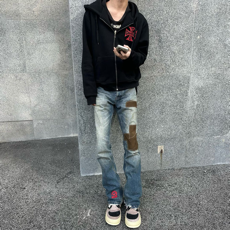 Jixuan Produces Erd Corduroy Patch Distressed Vintage Party Pants Cleanfit Slim Fit Slightly Flared Vibe Jeans