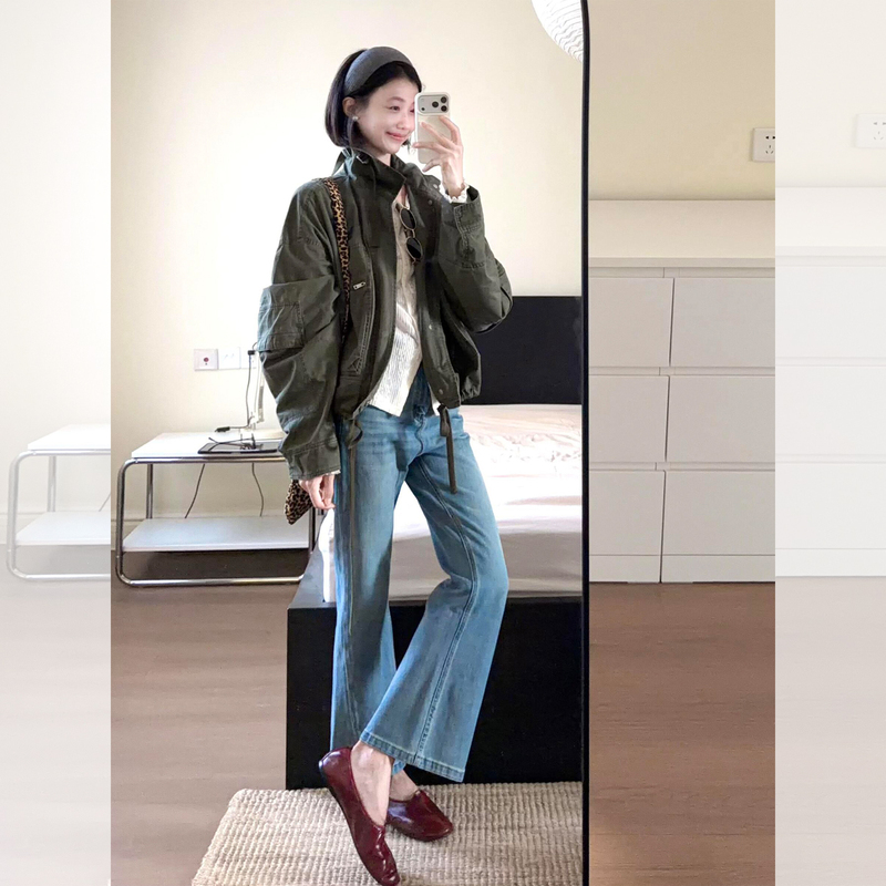 Korean Style Lazy Style Green Short Workwear Jacket for Women in Autumn with Stand-Up Collar and Drawstring Waist, Loose Casual Jacket Top