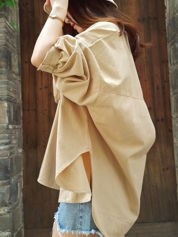 Bat-Shaped Pure Cotton Shirt Jacket, Spring and Summer Mid-Length Top That Covers the Buttocks, Stylish, Loose, Lazy Style, Oversize