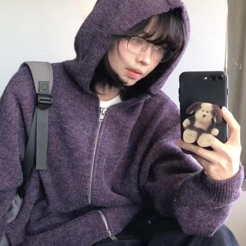 Oversize! Lazy Style Purple Hooded Sweater Cardigan for Women, Spring Korean Style Loose Knit Sweater Zipper Jacket Oversize! Lazy Style Purple Hooded Sweater Cardigan for Women, Spring Korean Style Loose Knit Sweater Zipper Jacket