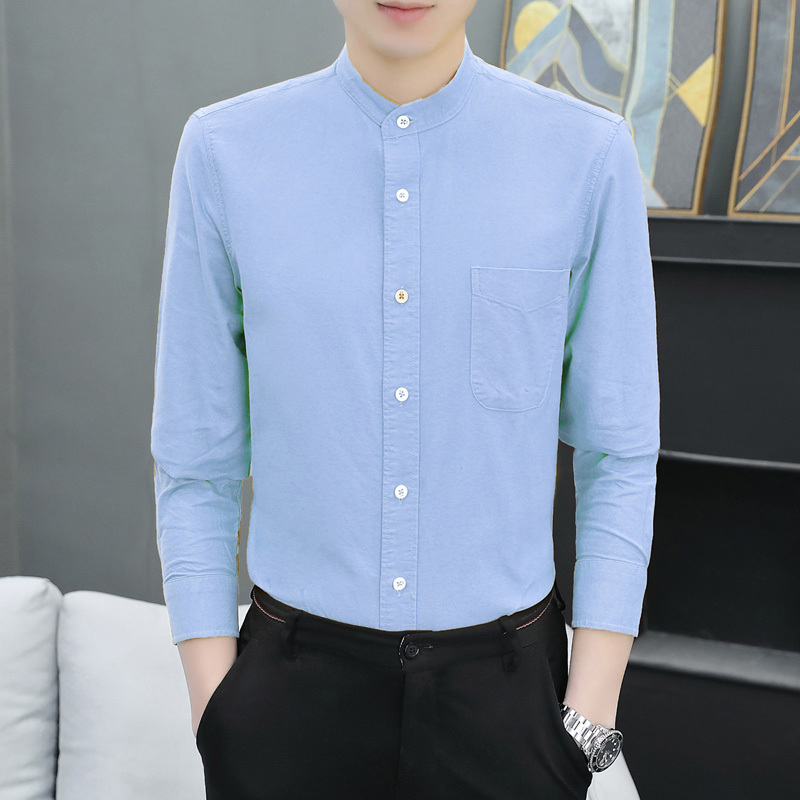 Pure Cotton Casual Long-Sleeved Shirt for Men, Spring and Autumn, Loose Solid Color Small Stand-Up Collar Shirt, Casual Inner Wear Shirt