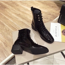 Patent leather boots womens 2021 new autumn and winter British style black bright leather flat thick heel square heels Martin boots
