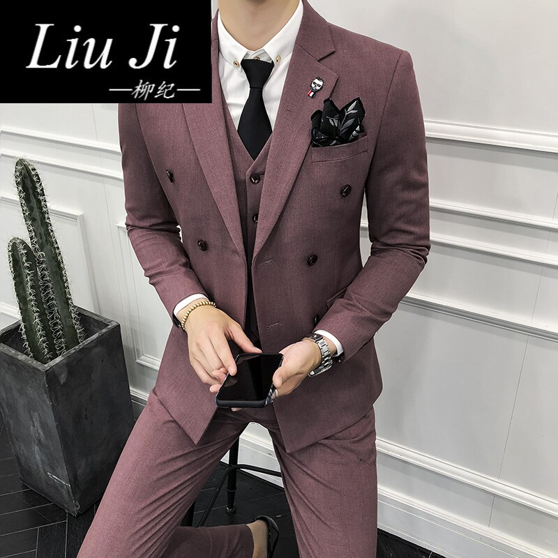 Liuji double volleyball buckle Western suit Men's young Han version of suit men's suit men's handsome groom wedding gown
