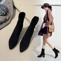 Hong Kong fashion brand Martin boots womens socks boots pointed net red skinny naked boots 2021 autumn and winter new thick-heeled booties for women