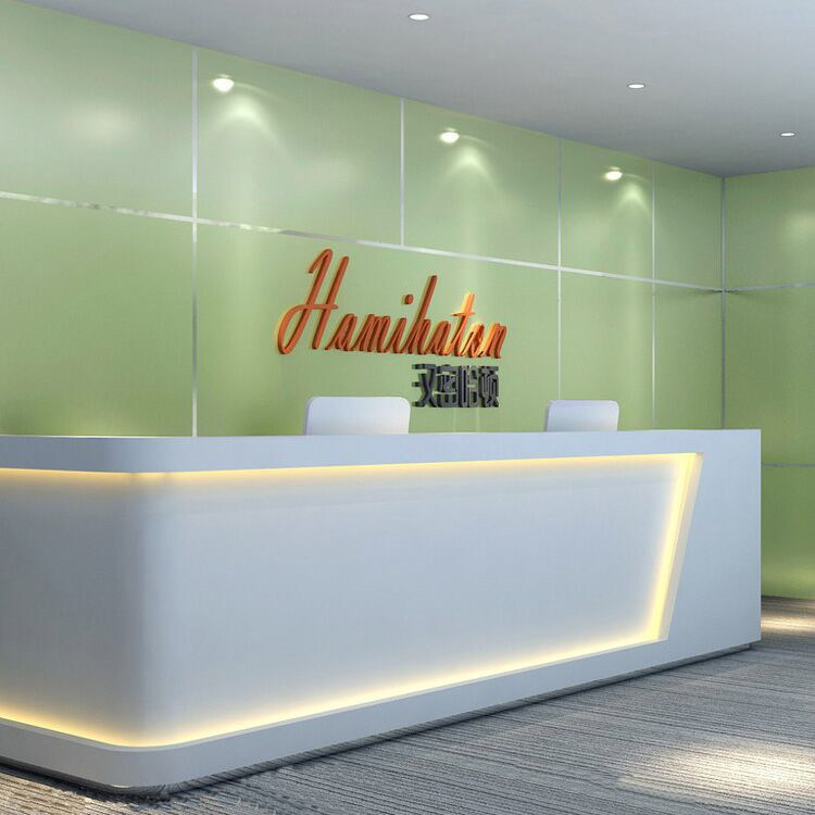 Fashion Roast Lacquer Front Desk Finish Silver Counter Company Corner Arc Office Desk Hotel Hospitality NTU Polystones Custom