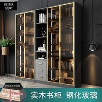 Solid wood Nordic glass door bookcase Modern simple file cabinet Net Red combination Light luxury high-end bookcase assembly household