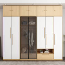 Nordic modern simple glass open door storage wardrobe Household wood color economy small apartment bedroom large wardrobe