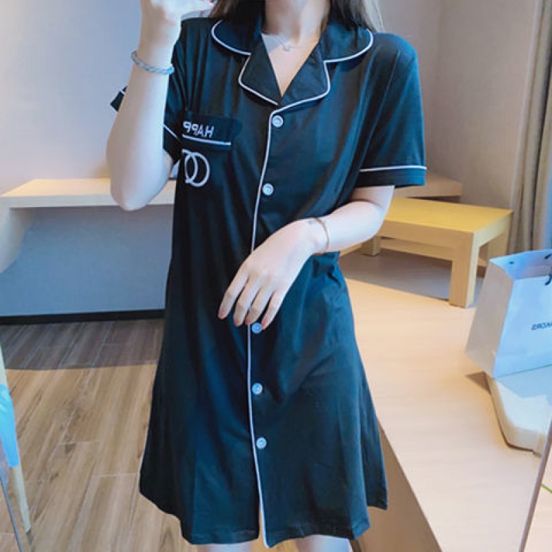 Summer nightdress women's short-sleeved thin sexy cardigan nightgown solid color simple Korean version cute pajamas net red home service