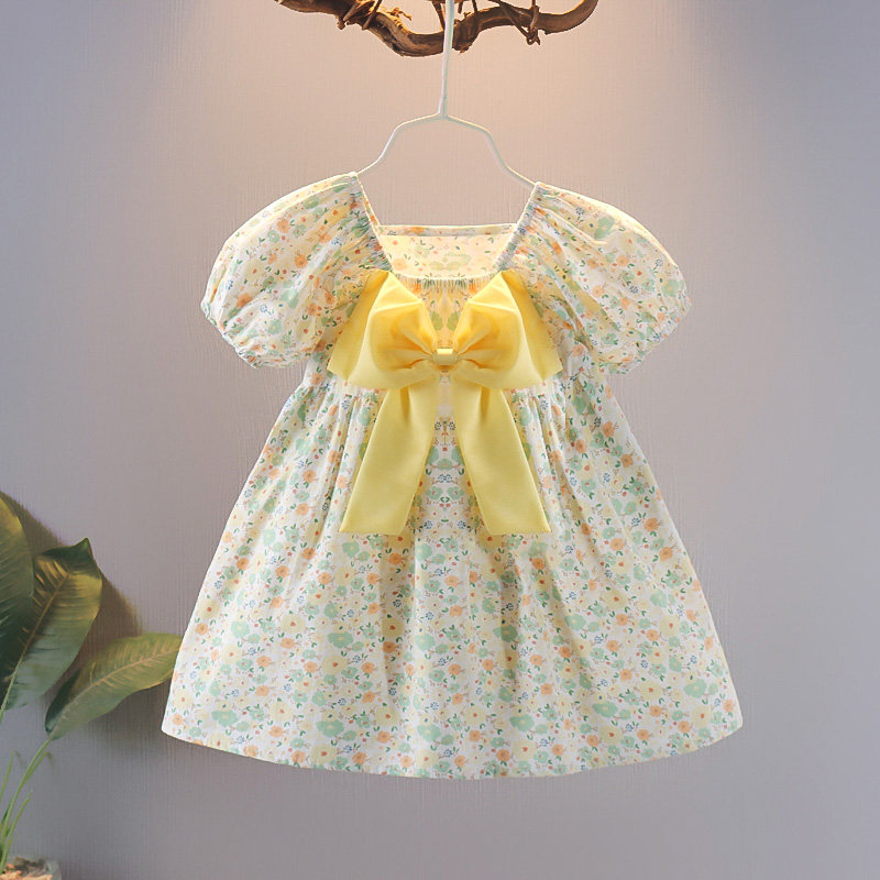 Girl Crushed Flowers Foreign Dress Summer Short Sleeve Butterfly Knot Foreign Pie 2022 New Children's Skirt Pure Cotton Toddler Summer Dress