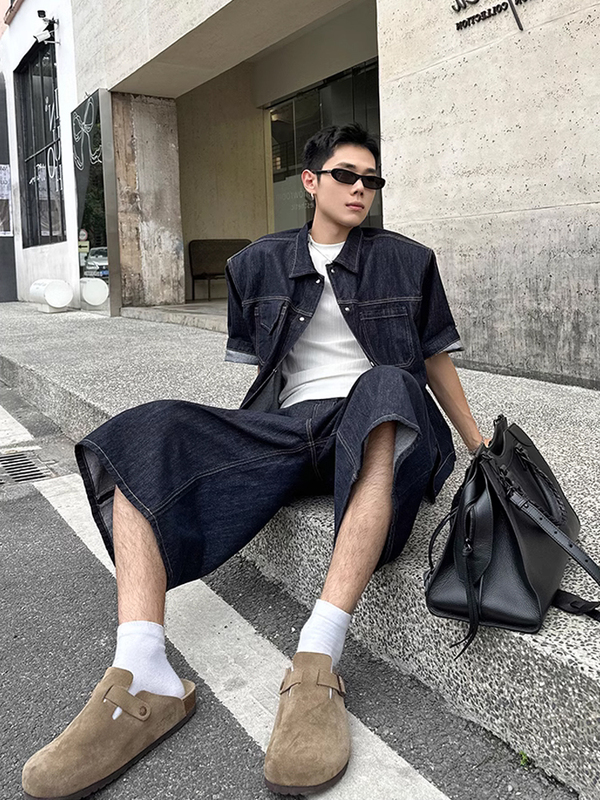 High Street Classic Retro Deconstructed Design Short-Sleeved Denim Shirt Hong Kong Style Trendy Over-The-Knee Denim Shorts Set for Men