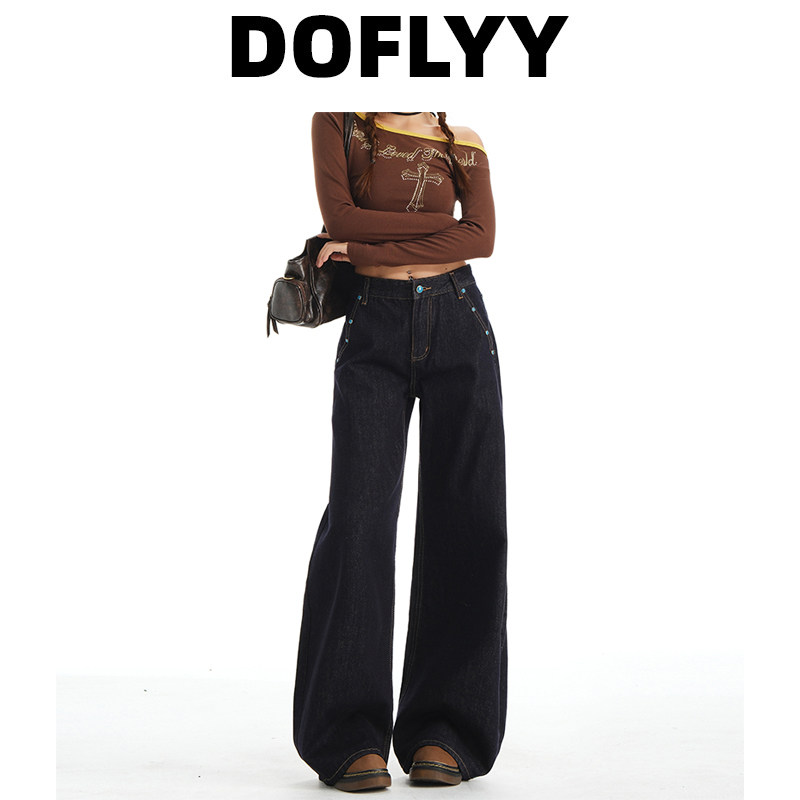 กางเกงยีนส์ Doflyy สีเดิม ทรงกรวย สำหรับผู้หญิง ฤดูใบไม้ร่วงปี 2026 สีเทอร์ควอยซ์ ทรงเอวสูง ปลายขาบาน คลุมสะโพก ทันสมัย