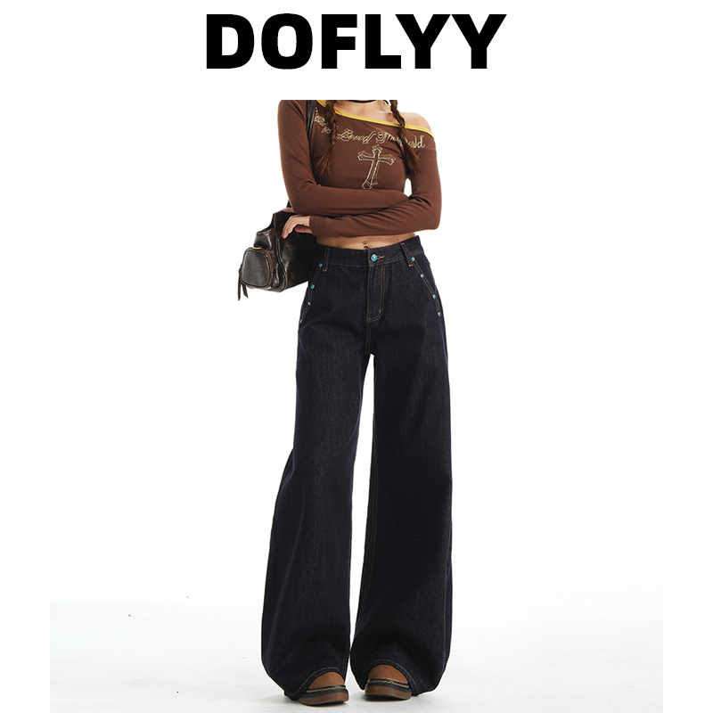 Doflyy Denim Original Color Scimitar Jeans for Women 2026 Spring Turquoise Pear-Shaped Body Hip-Covering Wide-Leg Pants Trendy
