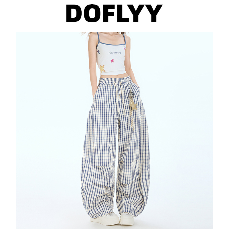 Doflyy American-Style Star Pendant Blue Plaid Scimitar Pants for Women 2025 Summer Thin Loose Wide-Leg Casual Pants