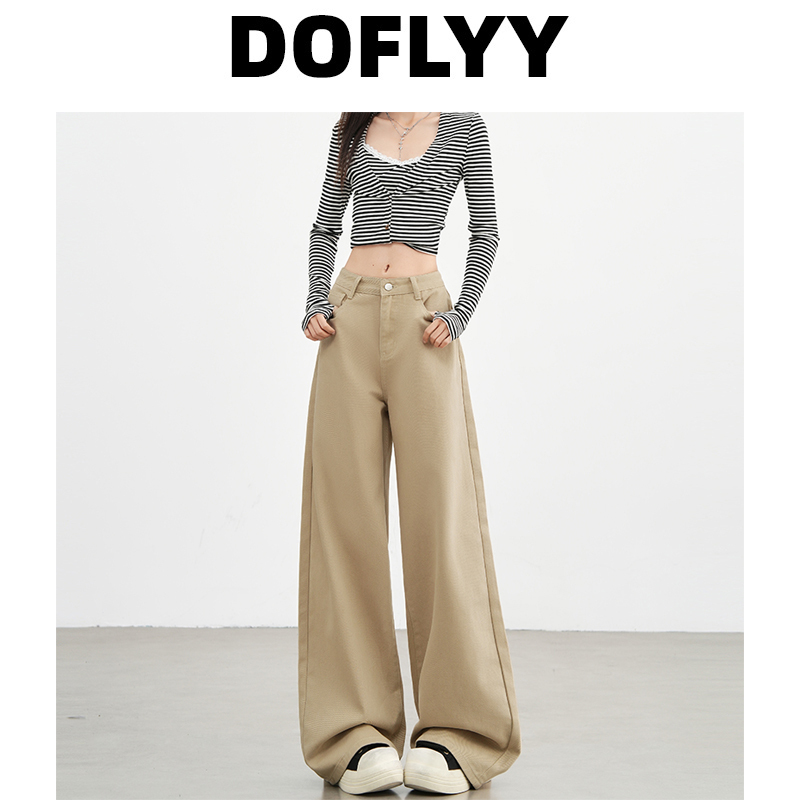 Doflyy Khaki Straight-Leg Jeans for Women 2025 Autumn New High-Waisted Loose Slimming Versatile Wide-Leg Floor-Length Pants