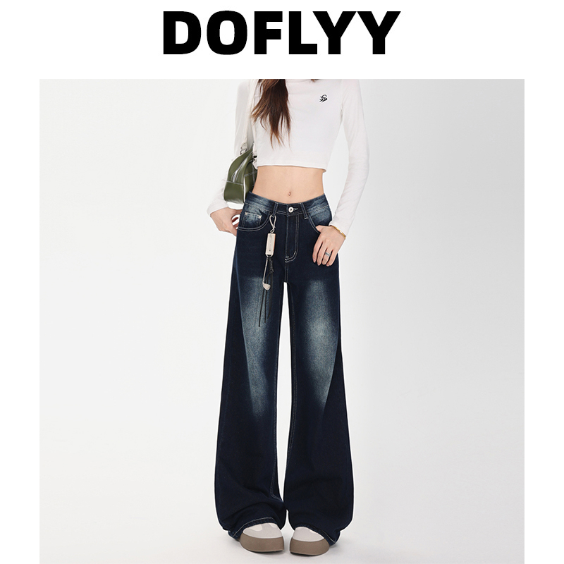 Doflyy Dark Blue Retro Straight-Leg Jeans for Women 2025 Early Autumn New Style High-End Loose Drape Wide-Leg Pants