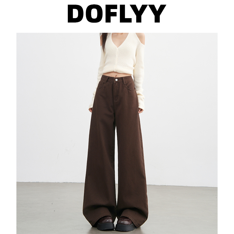 Doflyy Melard Coffee-Colored Wide-Leg Jeans for Women 2025 Autumn New High-Waisted Loose Pear-Shaped Body Floor-Length Pants