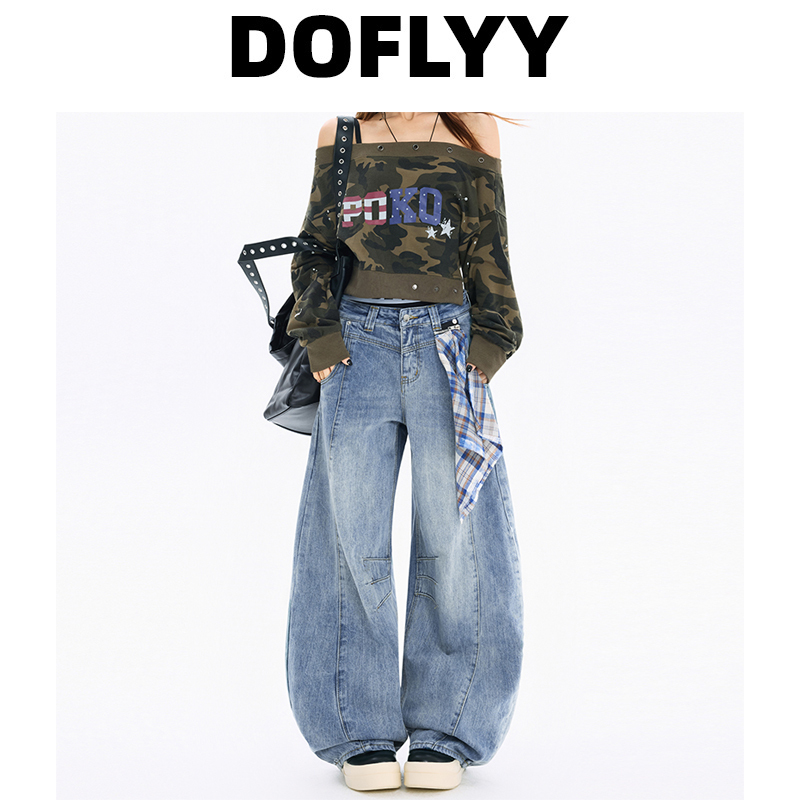 Doflyy Heavy Industry Washed Vintage Blue Scythe Jeans for Women 2025 Autumn Design Slimming Curved Scythe Pants