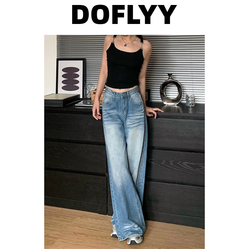 DOFLYY レディース ウォッシュ加工レトロブルージーンズ、2026年春夏コレクション、ハイウエストアメリカンスタイル、ルーズフィット、ワイドレッグ、フロア丈パンツ