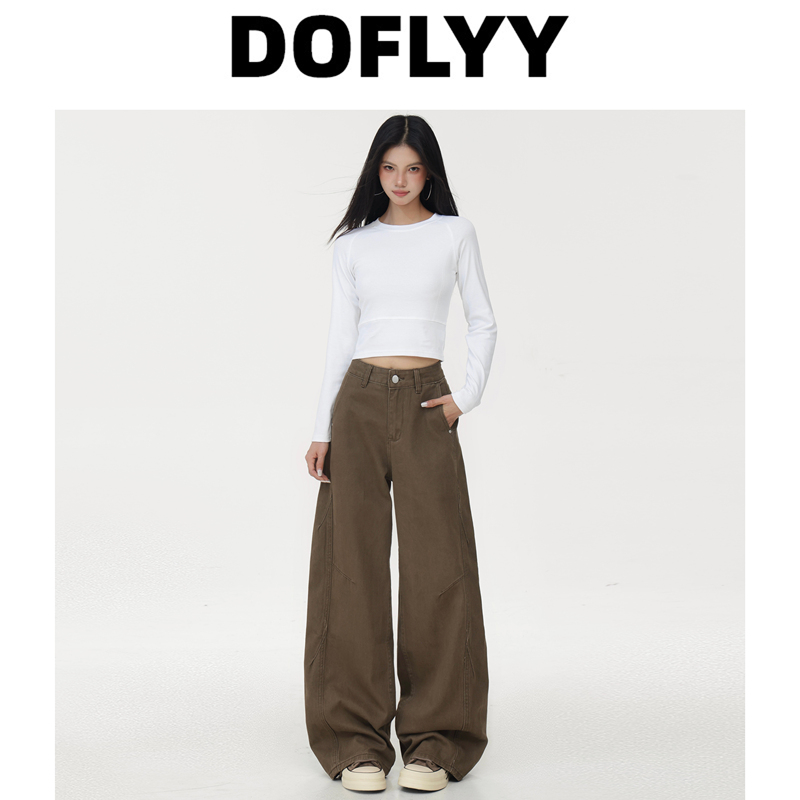 Doflyy Melard Brown Coffee Color Scimitar Jeans for Women 2026 Autumn New Product Pear-Shaped Body Hip-Covering Wide-Leg Pants