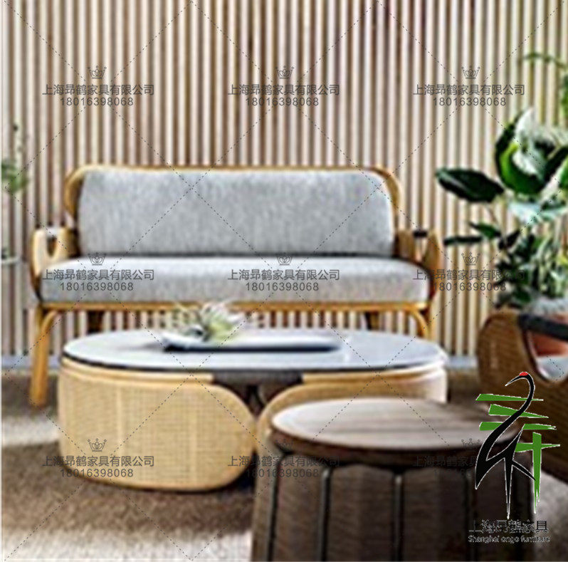 Southeast Asian style rattan back leisure sofa light luxury solid wood rattan fabric sofa rattan coffee table solid wood tea table tea table