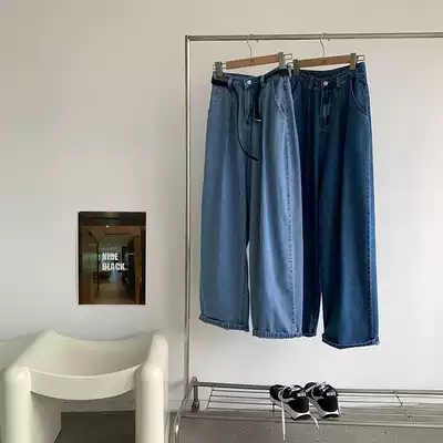 BLACK homemade wide leg jeans female 2021 summer Korean version of loose straight high waist curl thin dark blue pants