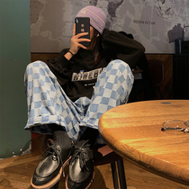 Spot BLACK homemade jeans womens straight tube loose 2021 spring new high waist slim plaid trousers