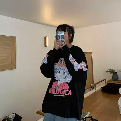 BLACK homemade long-sleeved T-shirt female Korean loose and wild student cartoon print popular spring top trend