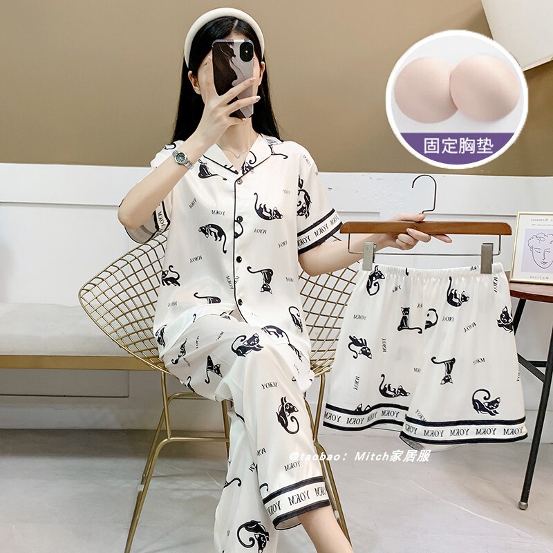 Three-Piece Ice Silk Pajamas for Women, Summer Thin Style 2026 New Model, No Need to Wear a Bra, Short-Sleeved with Built-In Chest Pads, All-In-One Loungewear