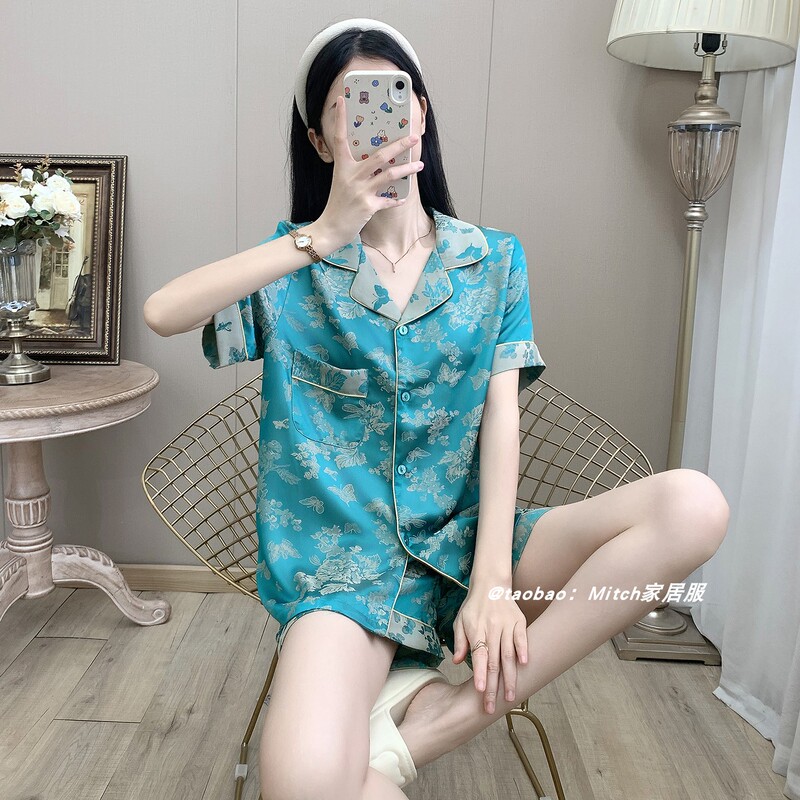 Ice Silk Pajamas for Women, Summer Thin Short-Sleeved Shorts, 2026 New Style, Super Popular Peacock Blue Imitation Silk Loungewear Set Ice Silk Pajamas for Women, Summer Thin Short-Sleeved Shorts, 2026 New Style, Super Popular Peacock Blue Imitation Silk Loungewear Set
