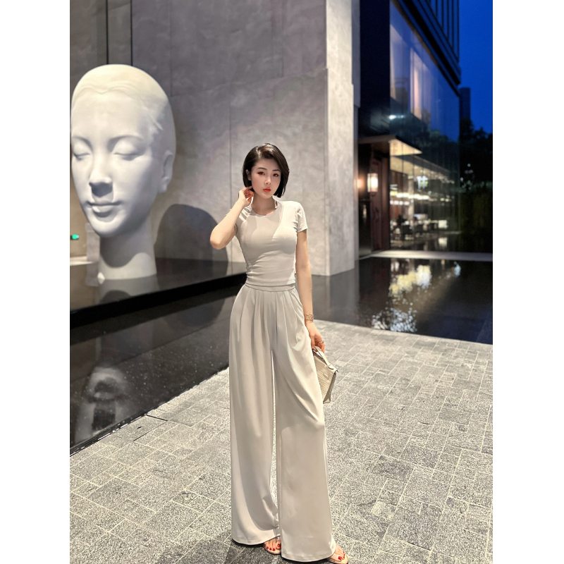 Xulu Original Summer Solid Color Casual Knitted Ribbed Slim-Fit Round Neck Short Top High-Waisted Wide-Leg Pants Two-Piece Set