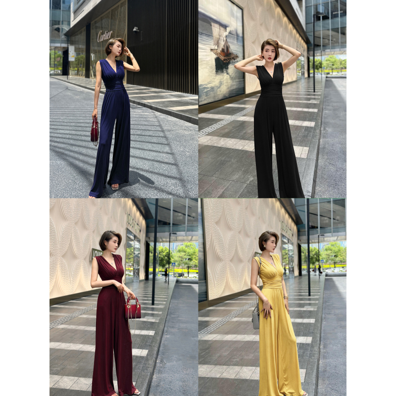 Xulu Original Breathable Knit Slimming Jumpsuit for Hot Summer, Deep V-Neck, Elegant Solid Color, Sleeveless, High Waist
