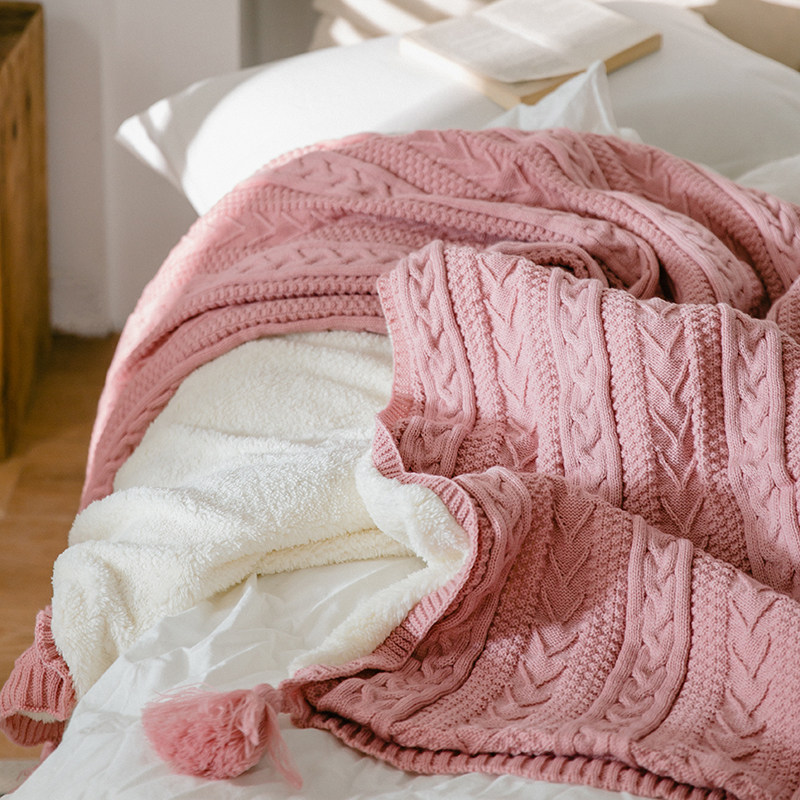 Nordic knitted blanket plus velvet thickened coral fleece double-layer office nap blanket wool woven tassel blanket