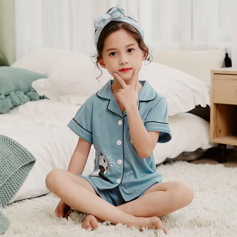 Childrens đồ ngủ mùa hè ngắn tay bông mô hình mỏng cô gái công chúa bé vừa boy phim hoạt hình quần áo nhà thiết.