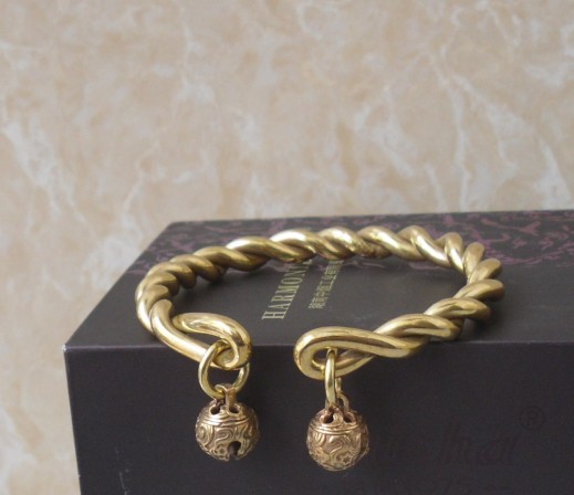 Twist Brass Bracelet Copper Bracelet Bell Pendant Pure Hand Crafted Brass Bracelet 