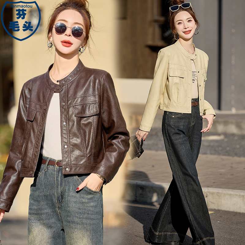 Casual Round-Neck Leather Jacket for Women, Spring and Autumn 2026 New Popular Style, Slimming Short Biker Pu Leather Jacket for Petite Figures