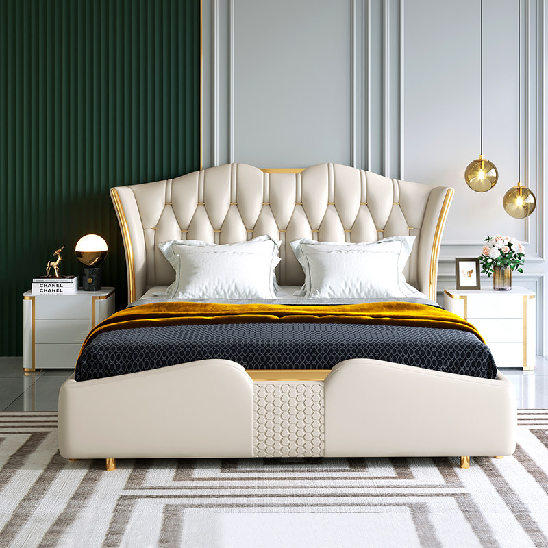 Leather bed modern light luxury wind bed double bed master bedroom queen bed modern minimalist 1 8 meters luxurious atmosphere wedding bed