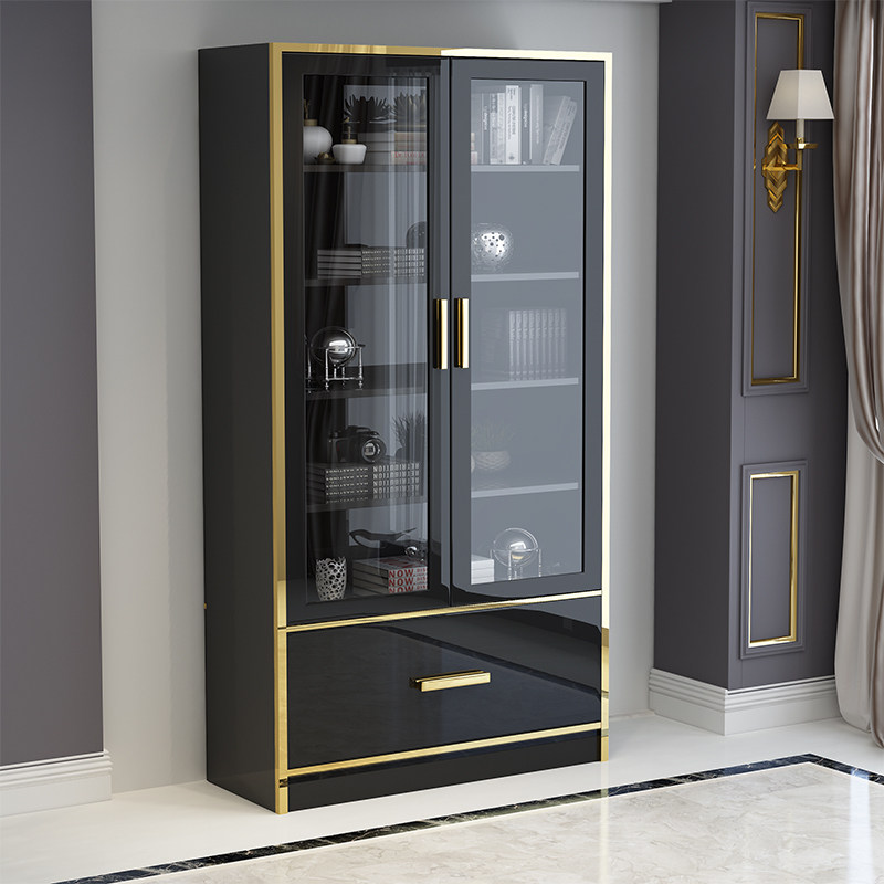 Light luxury bookcase bookcase with glass door stainless steel port storage cabinet baking varnish living room storage wine cabinet combination furniture