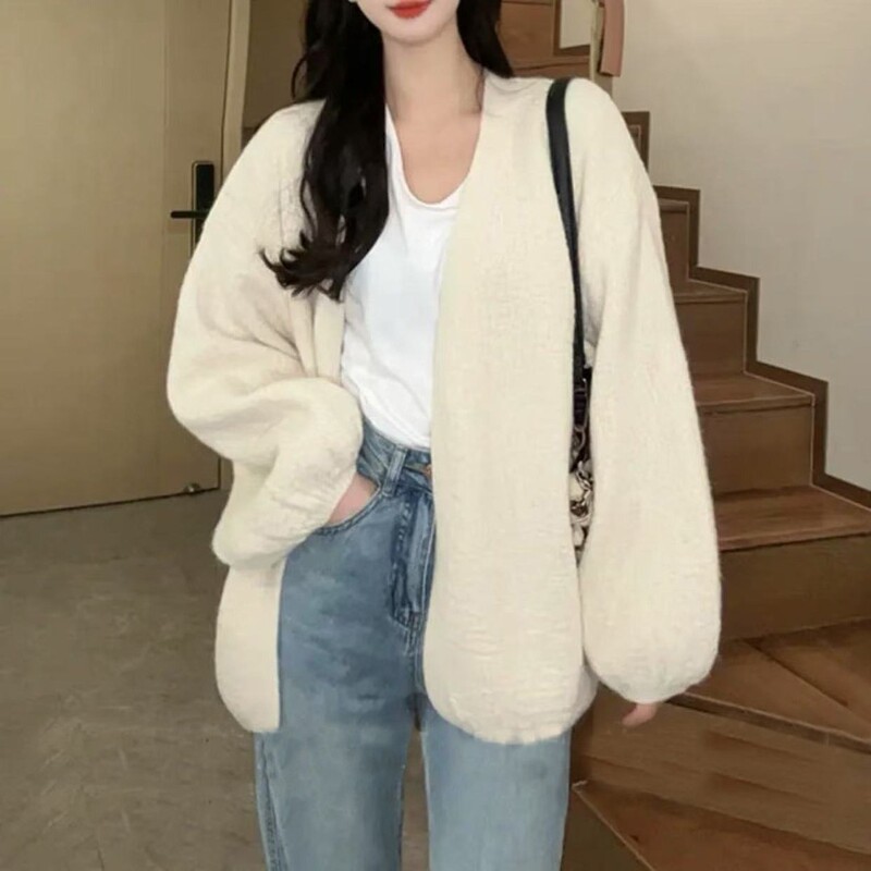 Original Bark-Patterned Craft Lantern Sleeve Knit Cardigan for Women, Spring and Autumn Lazy Style Versatile V-Neck Loose Sweater Coat